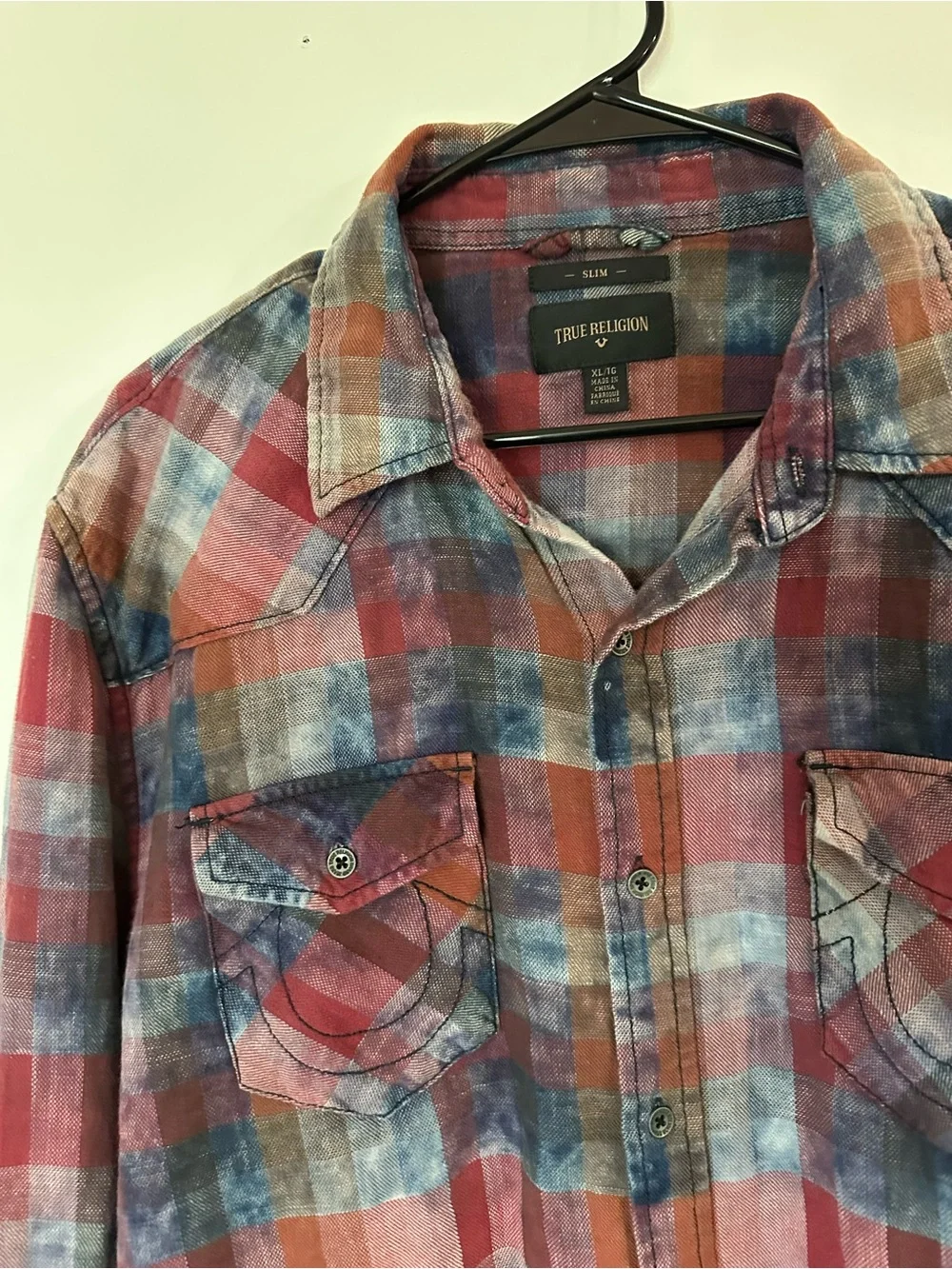 True Religion Red and Blue Plaid Casual Button-Down Shirt